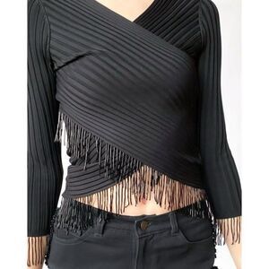 Vermani Black Ribbed Silk Wrap Cropped Sweater Beaded Fringe Cross Body Large